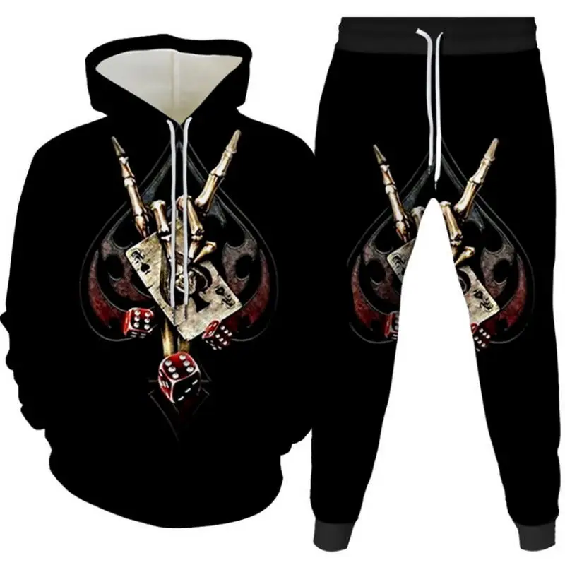 Novo conjunto de hoodie masculino poker & dinheiro imprimir agasalho moda outfit casual elegante manga longa terno confortável roupas com chapéu