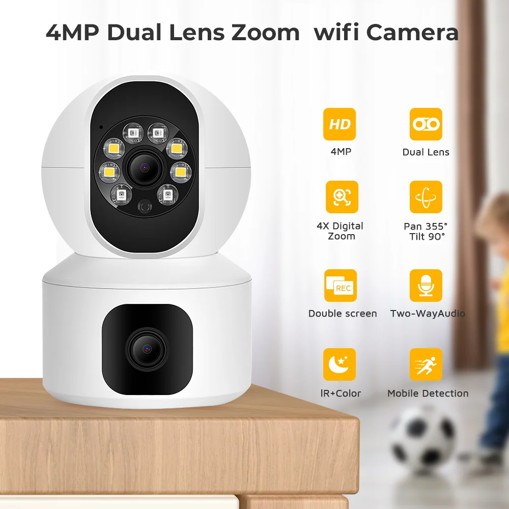 4MP Dual Lens Dual Screen PTZ IP Camera WiFi Baby Monitor Auto Tracking Color Night Vision Video Surveillance Security Camera