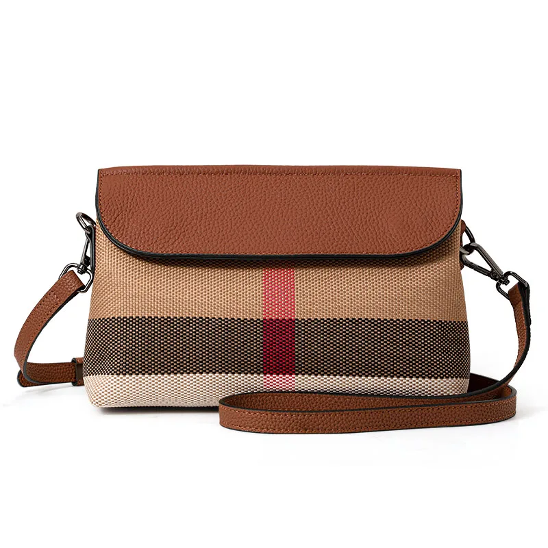 Aidrani Women Spliced Canvas Cowhide Crossbody Purse, Plaid Pattern Adjustable Shoulder Bag, Casual Handbag for Daily Outdoor view 3