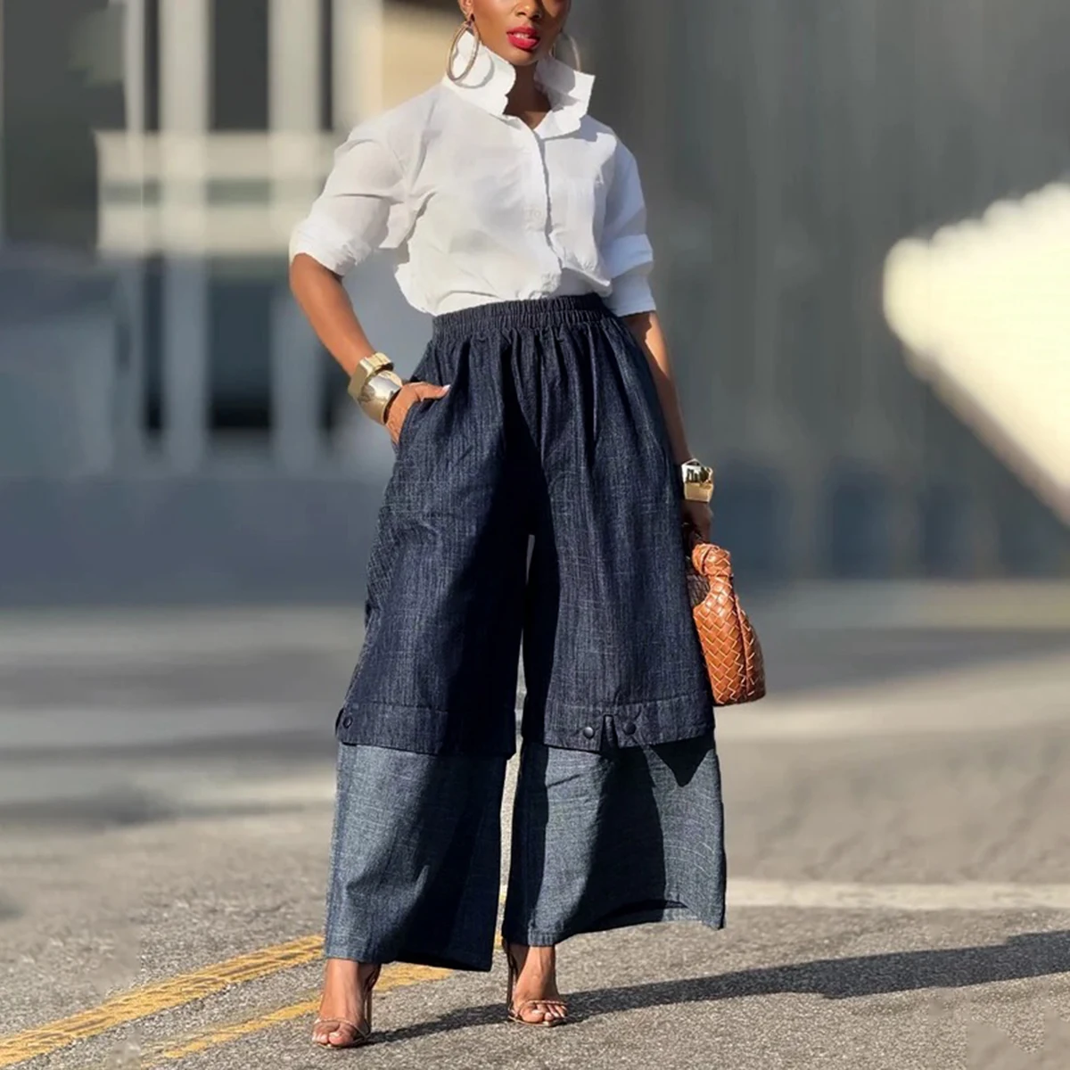 UOOZEE Urban Female Streetwear Layered Denim Wide Leg Pants Loose Elastic High Waisted Pockets Baggy Jeans Trousers Bottoms