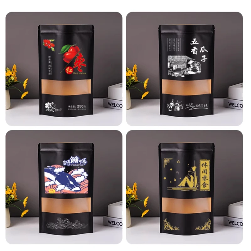 Customized Printed Black Kraft Paper Window Zipper Bag For Seasoning, Candy, Balloons, Gift Packaging Bags