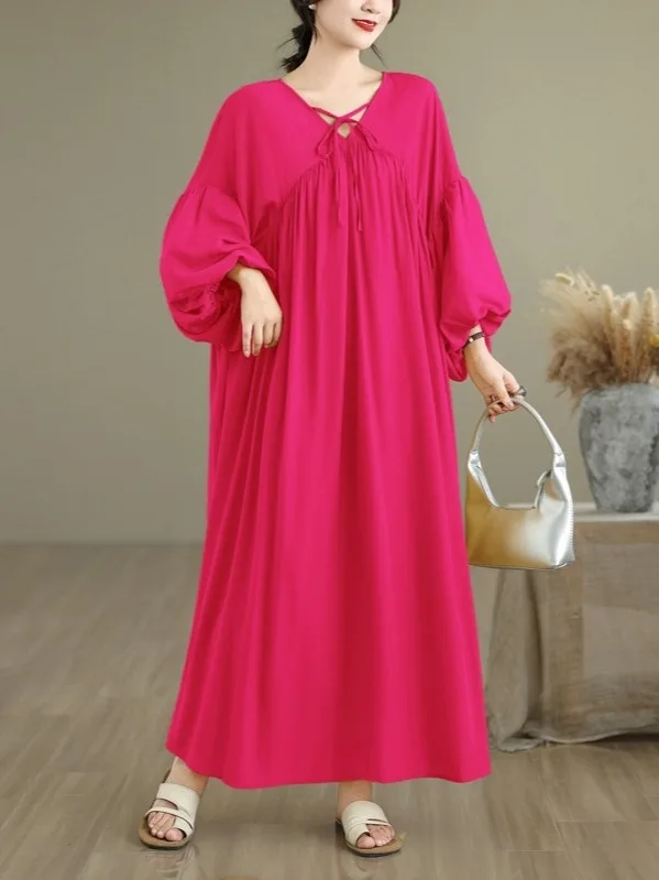 ゆったりとした韓国風スリーブVネックロングシフォンドレス、ランタンスリーブ、レディースファッション、夏の新作、秋の薄手モデル