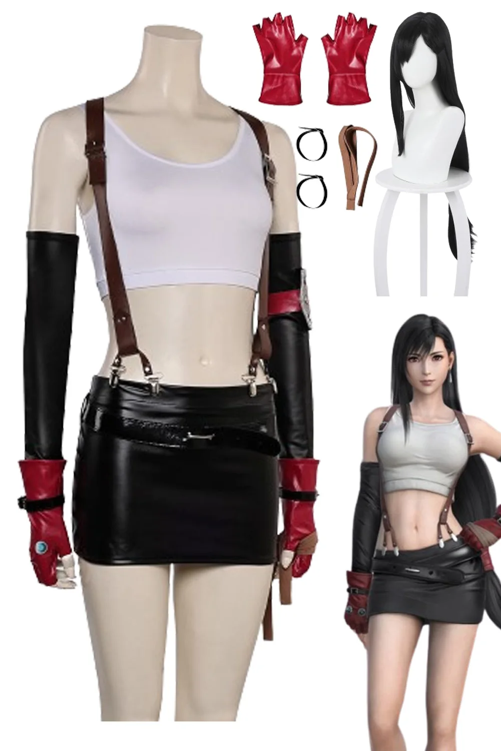 Tifa Lockhart Cosplay Game Final Cosplay Fantasy VII Wig Costume Women Roleplay Dress Tops Skirt Female Disguise Halloween Suit