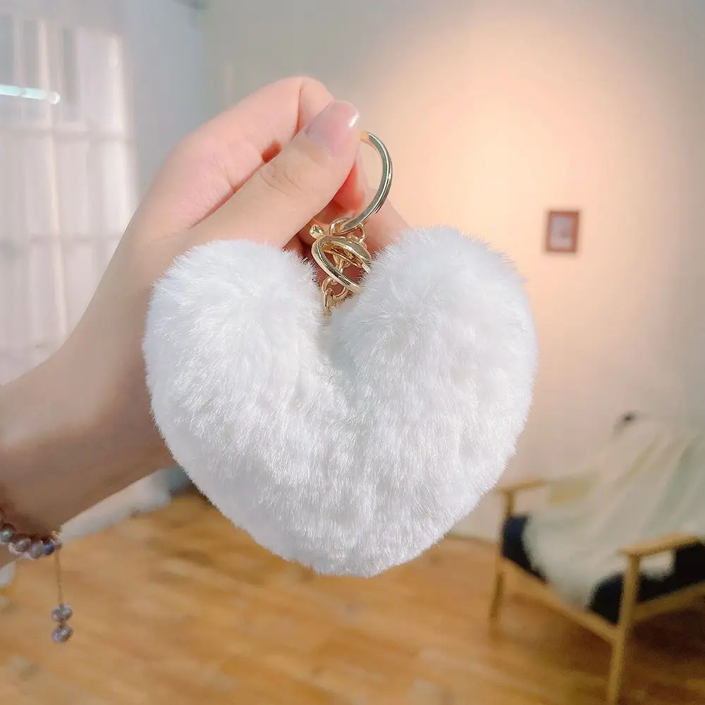 Cute Love Heart Plush Bag Pendant Imitation Rabbit Fur Fluffy Ball Key Chain Bag Accessories Solid Color Car Key Ring
