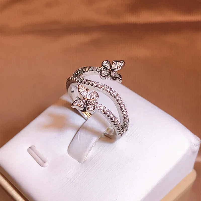 NEW Trend Irregular Double Butterfly Round Full Diamond Couple Ring For Women Geometric Silver-Plated Valentine' Gift Jewelry