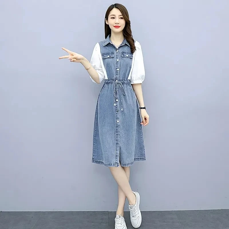 Summer New Fashion Korean Slim Splice Denim Dress Women Half-sleeve Waist Office Casual Wash Jeans Dress Ladies Dresses Vestidos