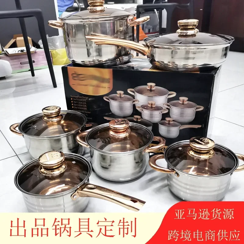 

Cross-border foreign trade Vietnam 12-piece set pot 201 stainless steel 12-piece set pot golden handle