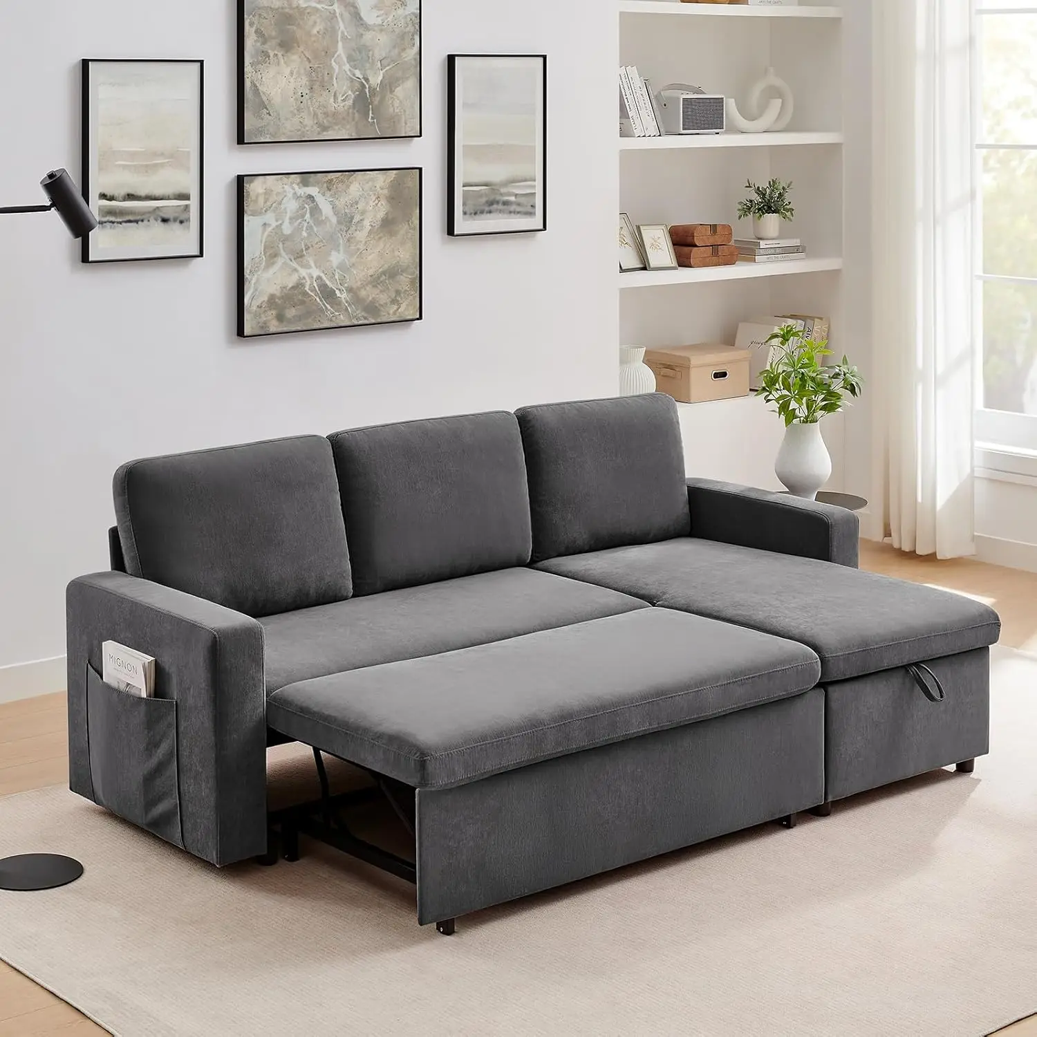 Sofa Bed, 85'' Pull-Out Convertible Sofa Bed, Lounge Soft Futon Sofa, Detachable Chenille Cover, Couches for Living Room