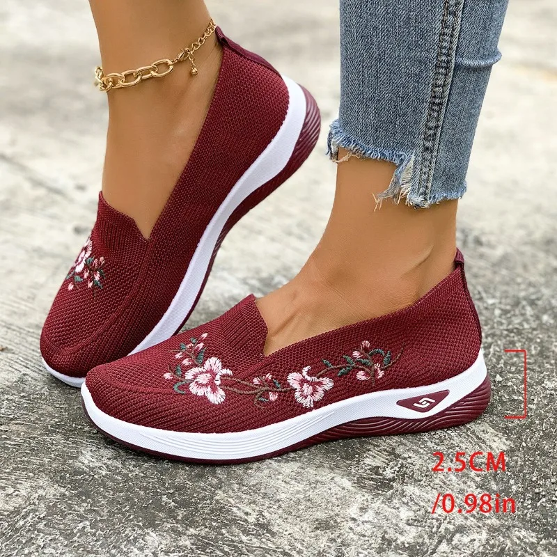 Spring and Autumn New Women Sports Shoes Fashionable Non-Slip Wear-Resistant Casual Single Shoes Embroidery Air Mesh Flat Heels