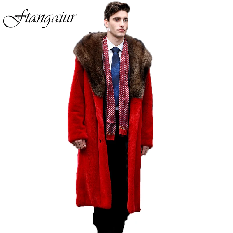 Ftangaiur New Import American black Velvet Mink Fur Coat With Fur Hood Fisher Marten Mink Coats Men's X-Long Real Mink Coats