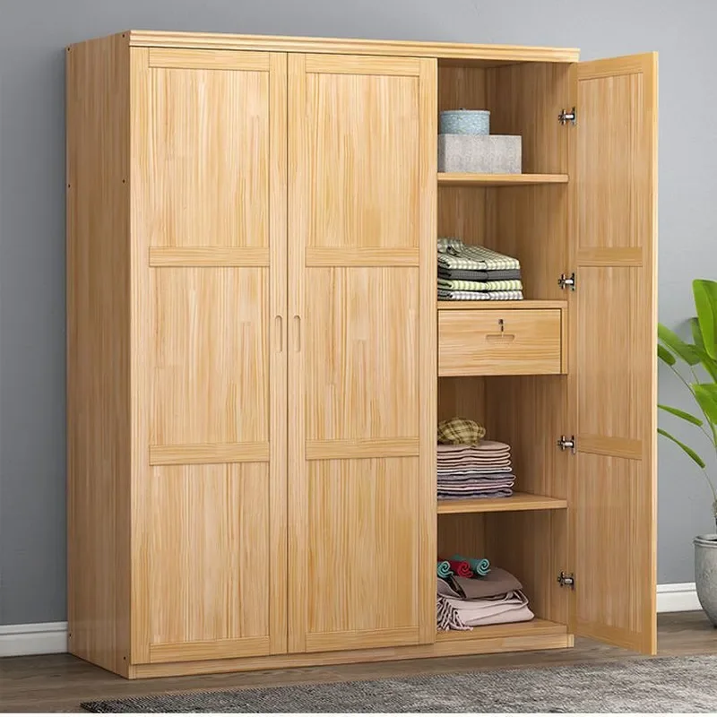 Modern all-solid wood wardrobe with two or three doors open, environmentally friendly pure pine children's adult wardrobe