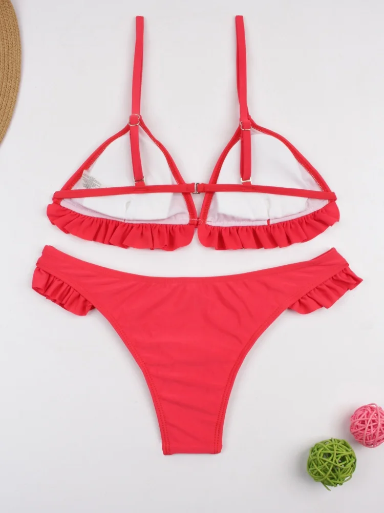 Bikini Women Swimsuit 2025 New Solid Sling Buckle Ruffles Bikinis Set Sexy Swimwear Summer 2 Piece Set Beach Bathing Suit Female