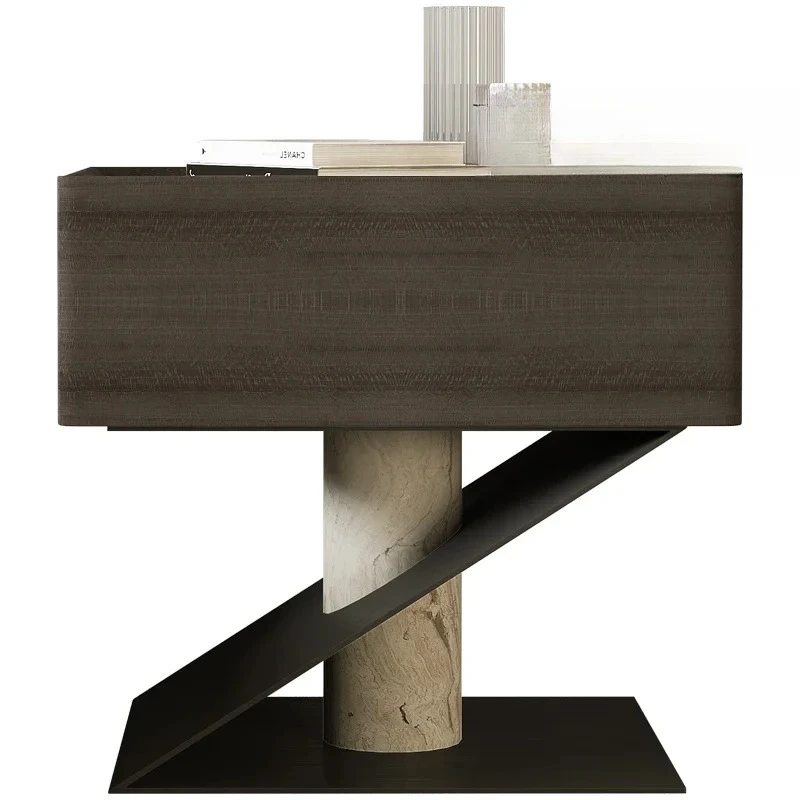 

Solid wood bedside table Italian minimalist bedroom high-end designer natural marble side cabinet