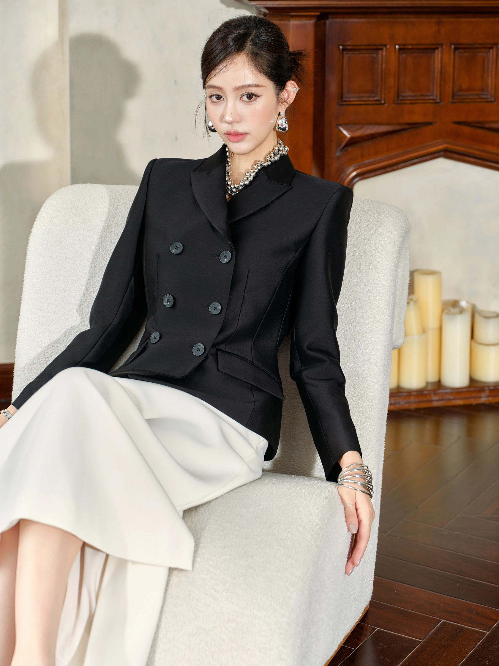 

Классический двубортный шерстяно-шелковый пиджак для офиса с эффектом стройности, женское модное деловое пальто с утягивающим эффектом на талии