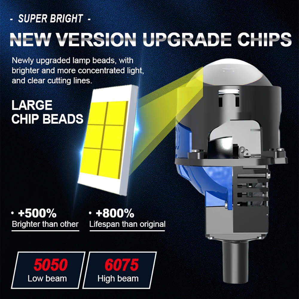 2.5 Inch Bi Led Projector Lens Led Light H7 H4 9005 9006 Car Headlight Bulb High Low Beam 6000K Diode 120W 60000LM Turbo Tuning