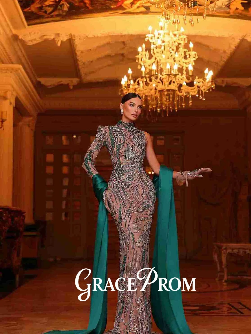 그레이스프롬 우아한 하이넥 이브닝 드레스 2026 정교한 텍스처 카펫 가운 트렌디 A라인 플로어 길이 파티 가운