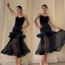 Modern Dance Dress Black Split Suit Suspender Top Double Layer Fishbone Skirts Suit Waltz Ballroom Dance Dress Women DN18206