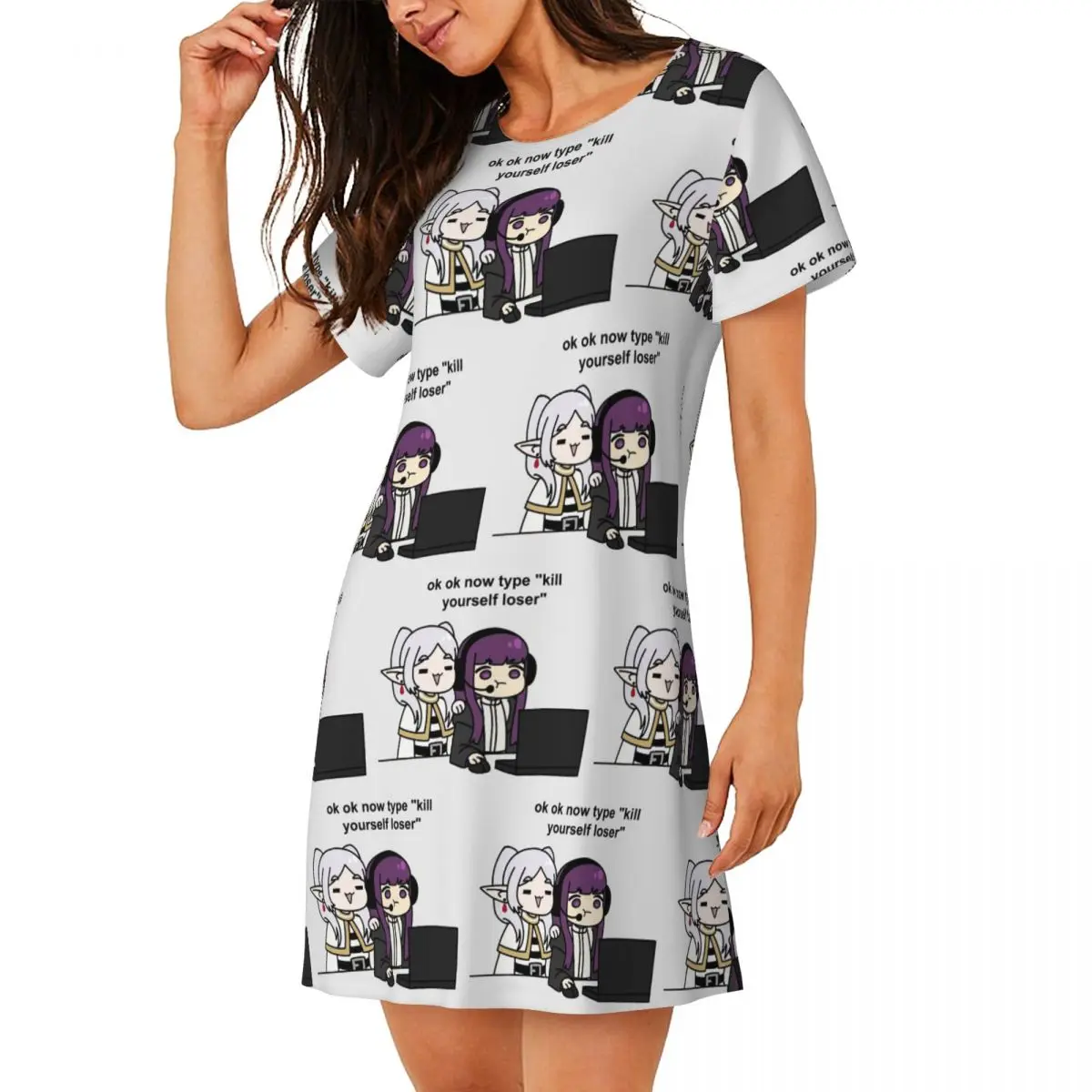 

Custom Gamer Fern And Frieren Classic Short Sleeves Nightdress For Sleepshirts Women Short Sleeve Nightgowns Loose Pajama Dress