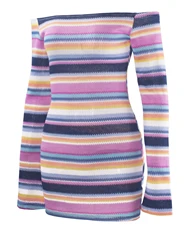 Women's contrasting striped long sleeved woolen casual one shoulder long sleeved striped sexy slim fit dress