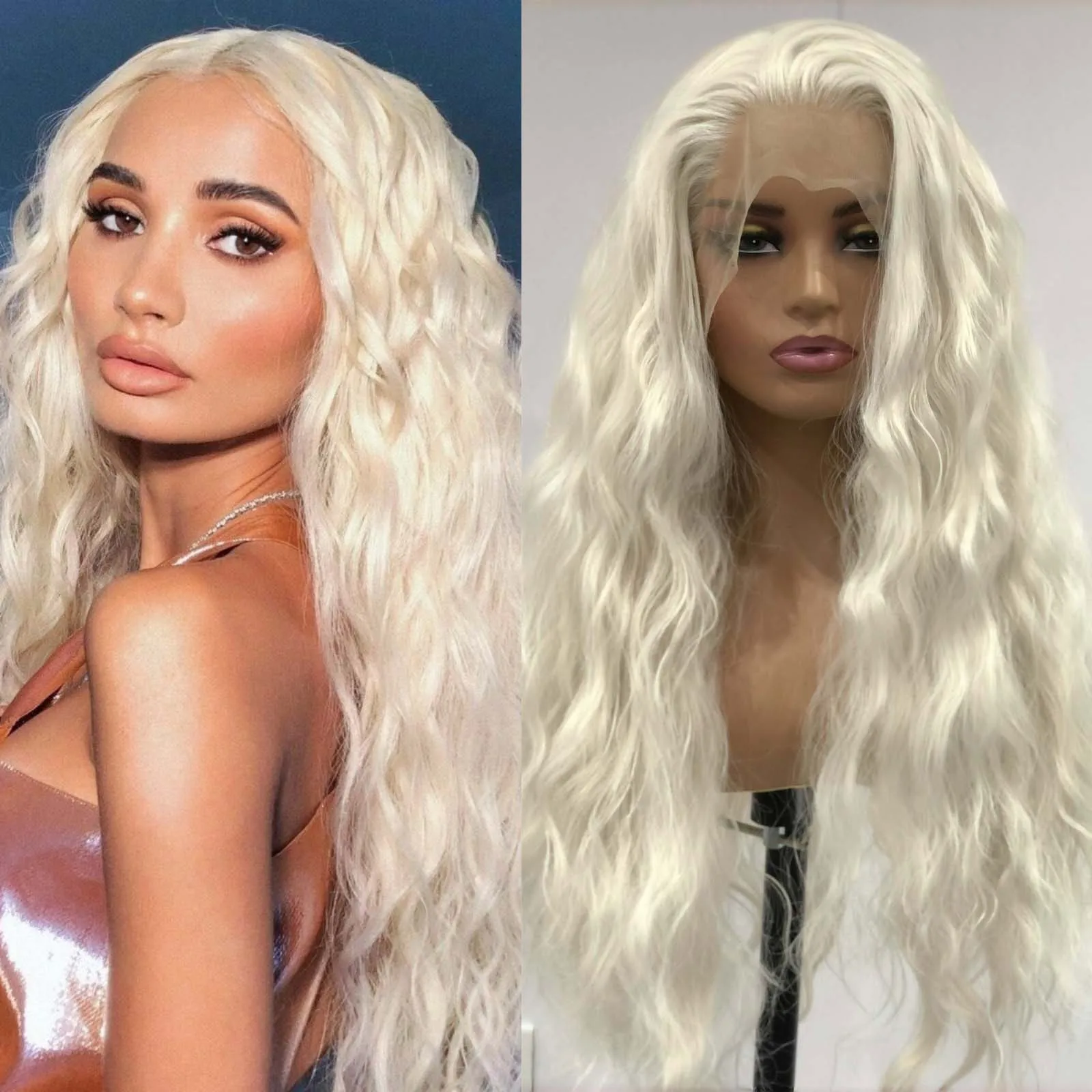 

Platinum Blonde Long Curly Synthetic Lace Front Wig Natural Wavy Deep Wave White Blond Colored Hair 13X4 Frontal Wigs for Women