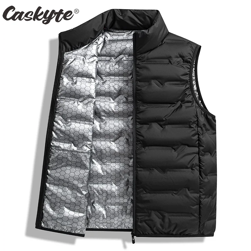 CASKYTE Graphene Self-heating Down Cycling Vests Men Solid Windproof Pleated Winter Vests Classic Stand Collar Warm Waistcoats