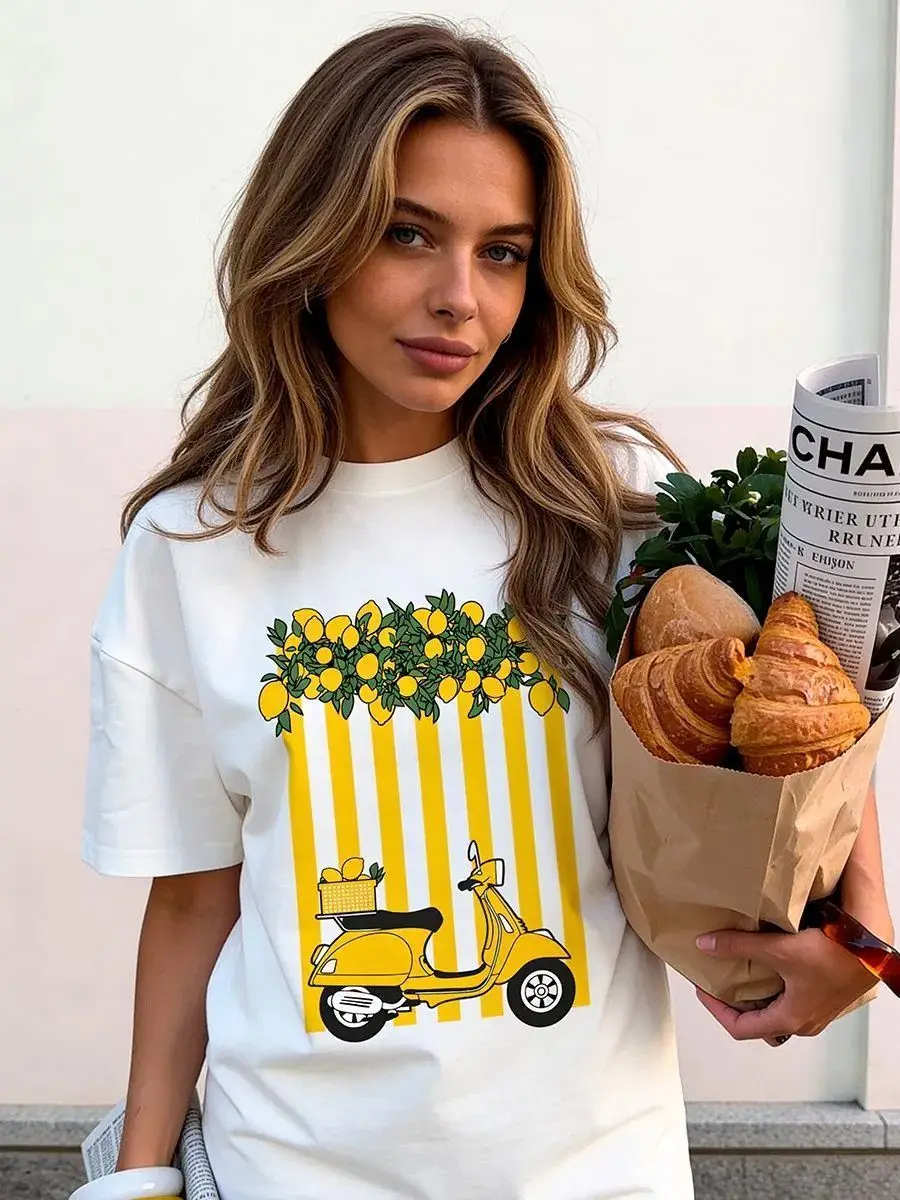 Lemon Scooter Graphic T Shirt Oversized Casual Summer Tee Vintage Print Crew Neck Short Sleeve Holiday Vacation Top