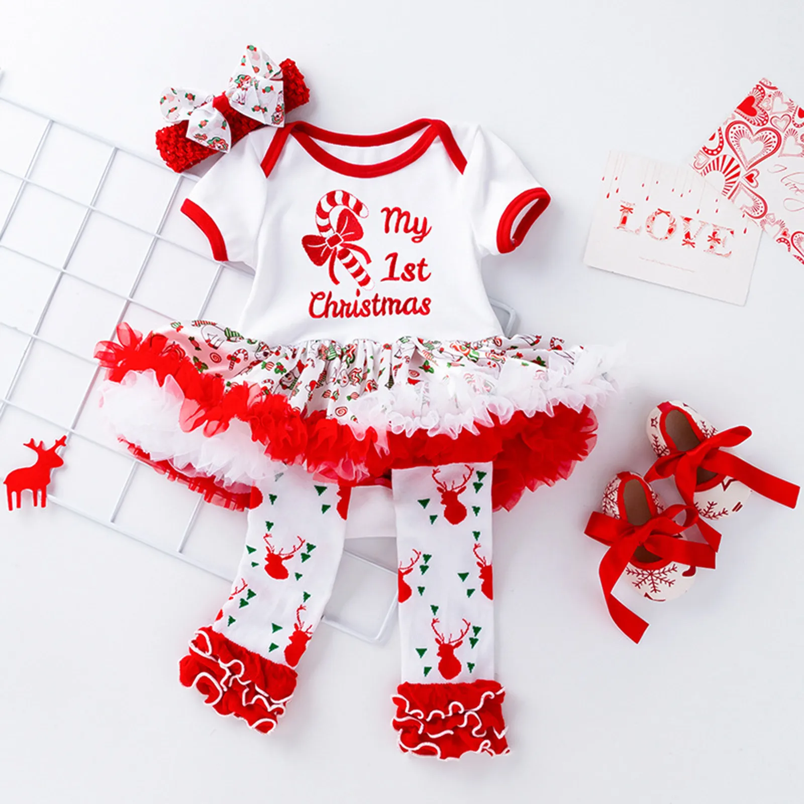 Toddler Kids Girls Infant Christmas Romper Jumpsuit Hairband Socks Shoes Set Cloths Premature Girl Clothes