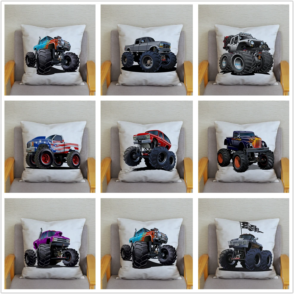 Cartoon Monster Truck Print Cushion Cover Pillow  45X45 Square   Sofa Home Decoration Throw