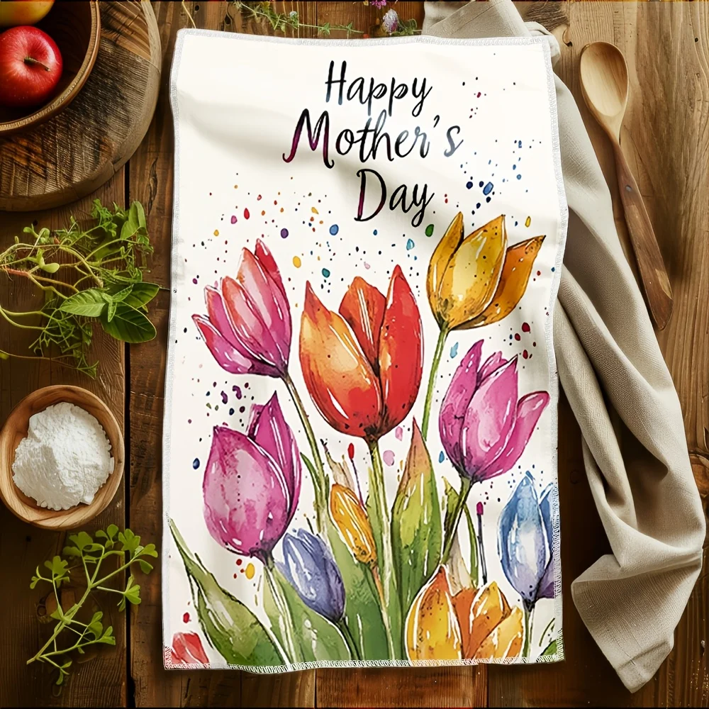1pc Watercolor Tulip Happy Mother'sDay Scrub Cloth,FaceHand Towel,Must-Have for HomeTravel,Perfect for Kitchen,Bathroom,Dorm,Gym