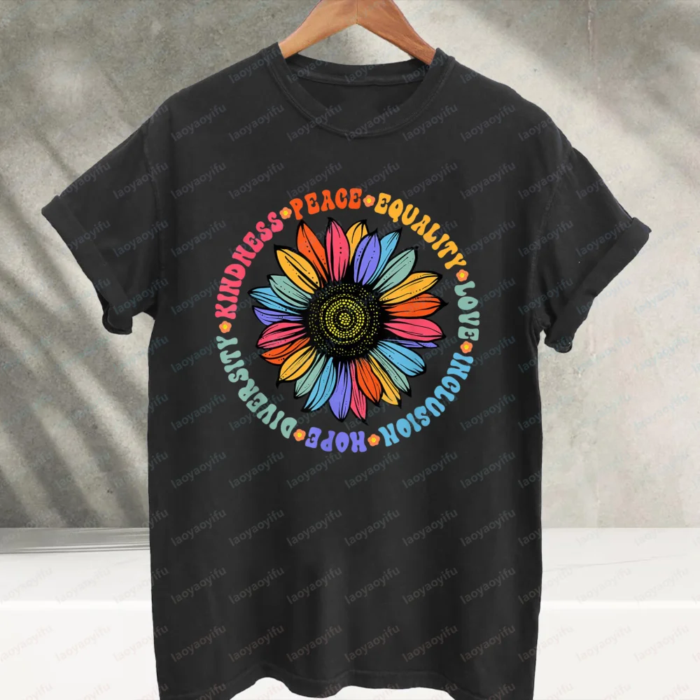 Unisex Black Rainbow Sunflower Peace T-Shirt Crew Neck Short Sleeve Kindness Equality Love Hope Diversity Human Rights Gift Tops
