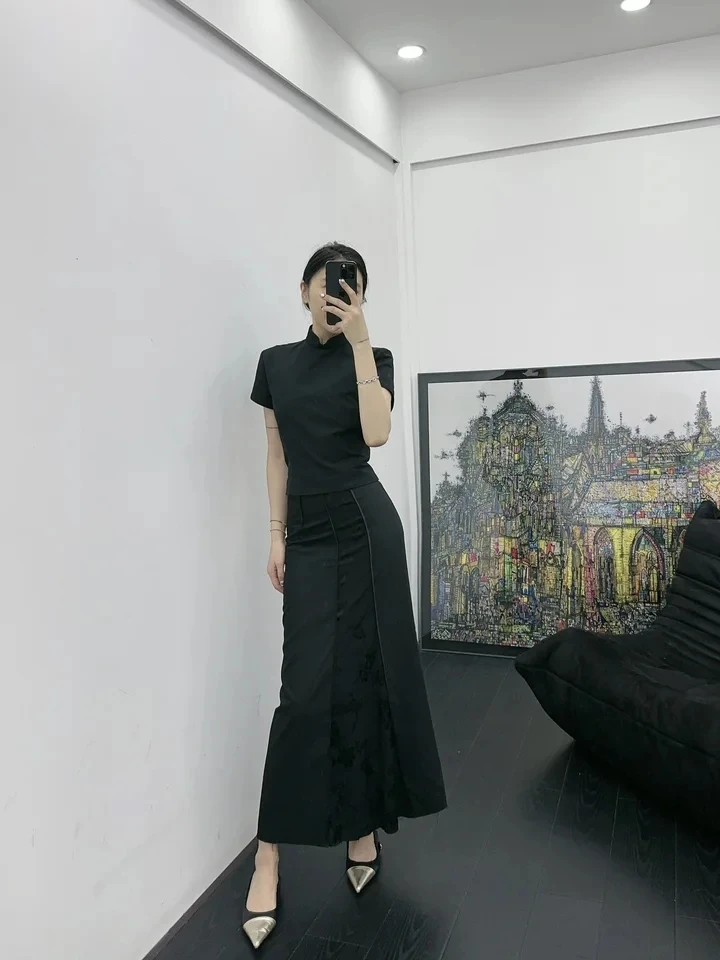 Chinese Style Women's Short Sleeve Top and Midi Skirt Suits, Casual Shirt, Luxury, Summer, Female