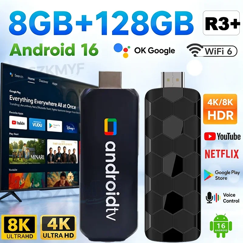 4/8K UHD Android 16 Smart TV Stick 8GB+128GB Google Assistant Bluetooth Media Player Very WiFi 6 For Netflix YouTube Disney+