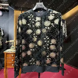 Spring and Autumn 2024 New Pattern Fashion Men's O-Neck Long Sleeve Pullovers Gold Rose Printed Casual All-match T-Shirts Tops
