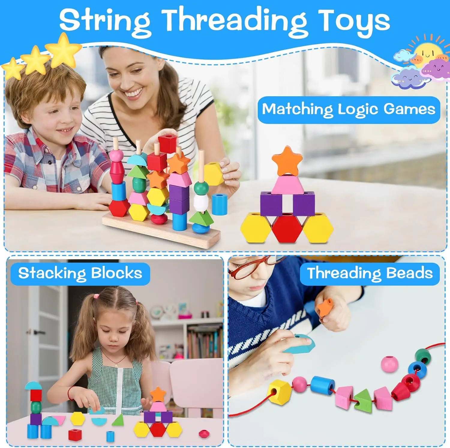 몬테소리 끈 구슬 시퀀싱 장난감 - 2-5세 유아용 나무 끈 구슬, 운동 능력 개발 장난감 (매칭 게임 포함), 모양