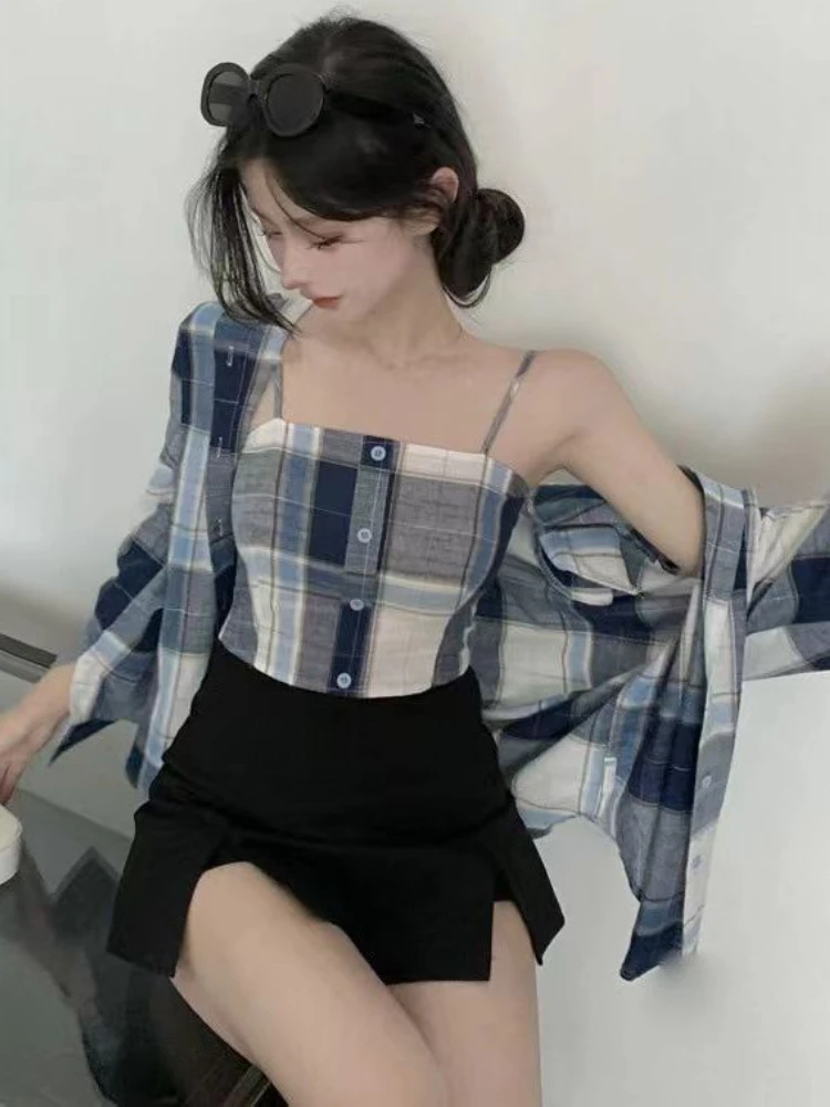 Hemdjesets Dames 2 stuks Sexy Plaid Minimalistisch Zonbestendig Shirts Basic Klassiek Koreaanse stijl Zoet Lente Dames Dagelijks All-match