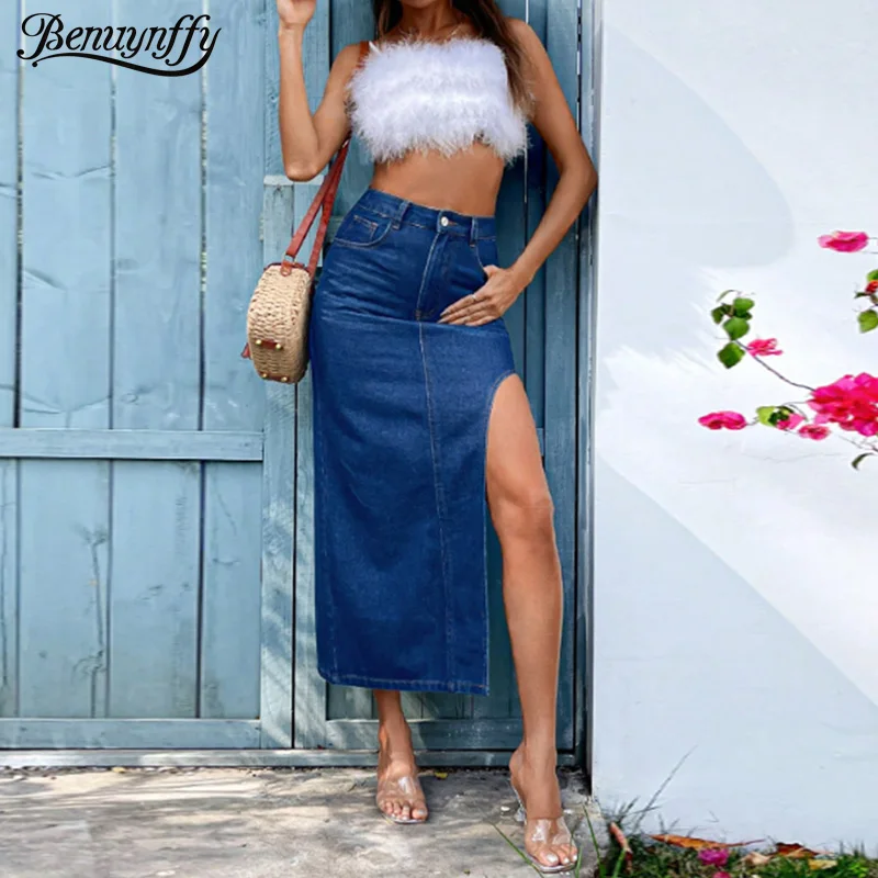 

Benuynffy Sexy Side High Split Denim Skirt Women's Summer Vintage Fashion Slim Bodycon High Waist Club Streetwear Long Skirts