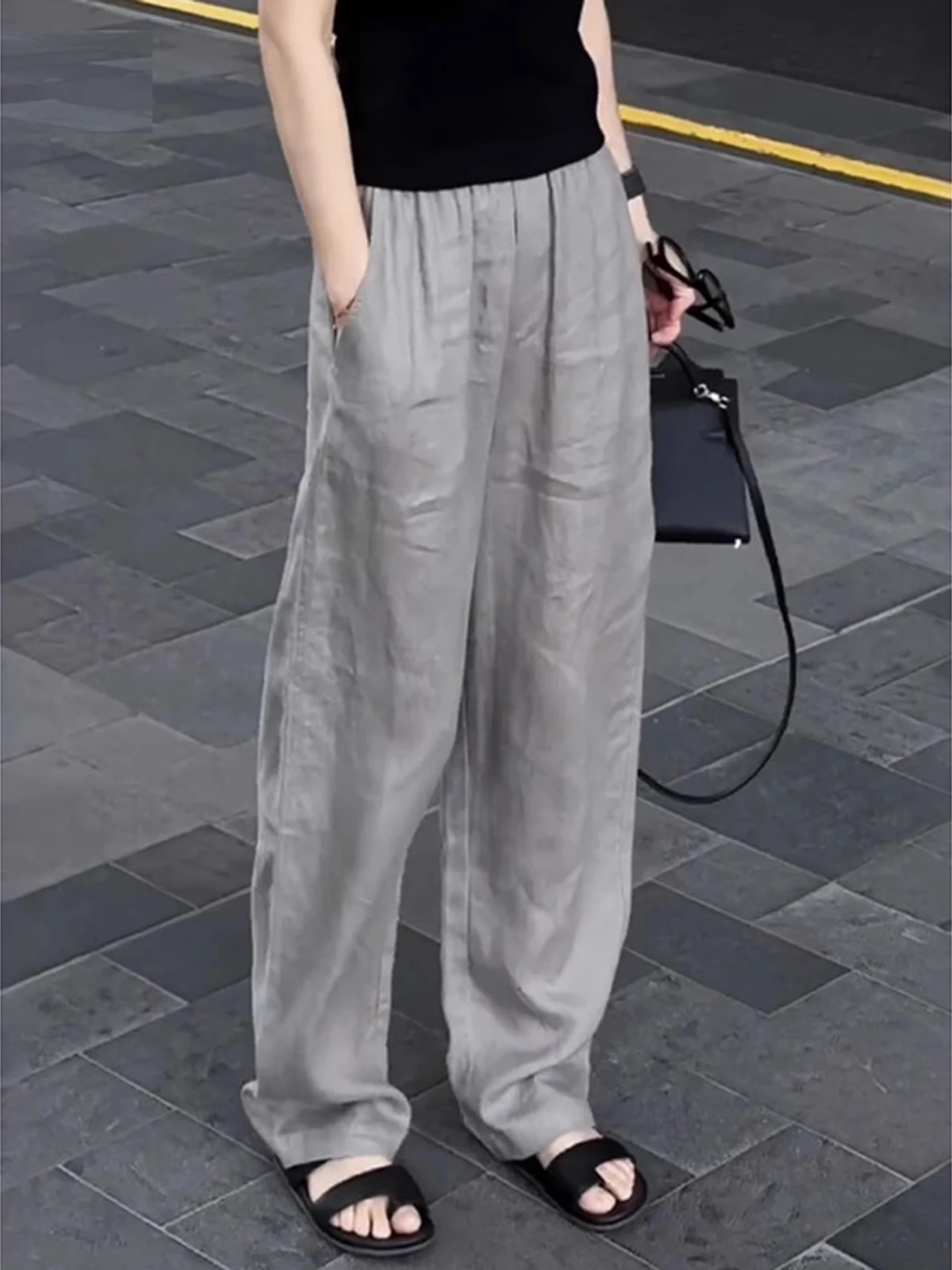 

Linen Wide Leg Pants Men Summer Thin American Lazy Loose Feel Straight Loose Drape Casual West Pants Loose Fit Straight Cut