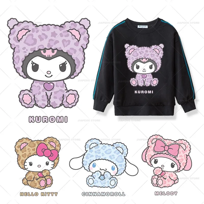 

Hello Kitty Printed Stickers Iron on Heat Transfers For Clothes Cartoon Bear Kuromi Thermal on T-shirt Appliques Decor