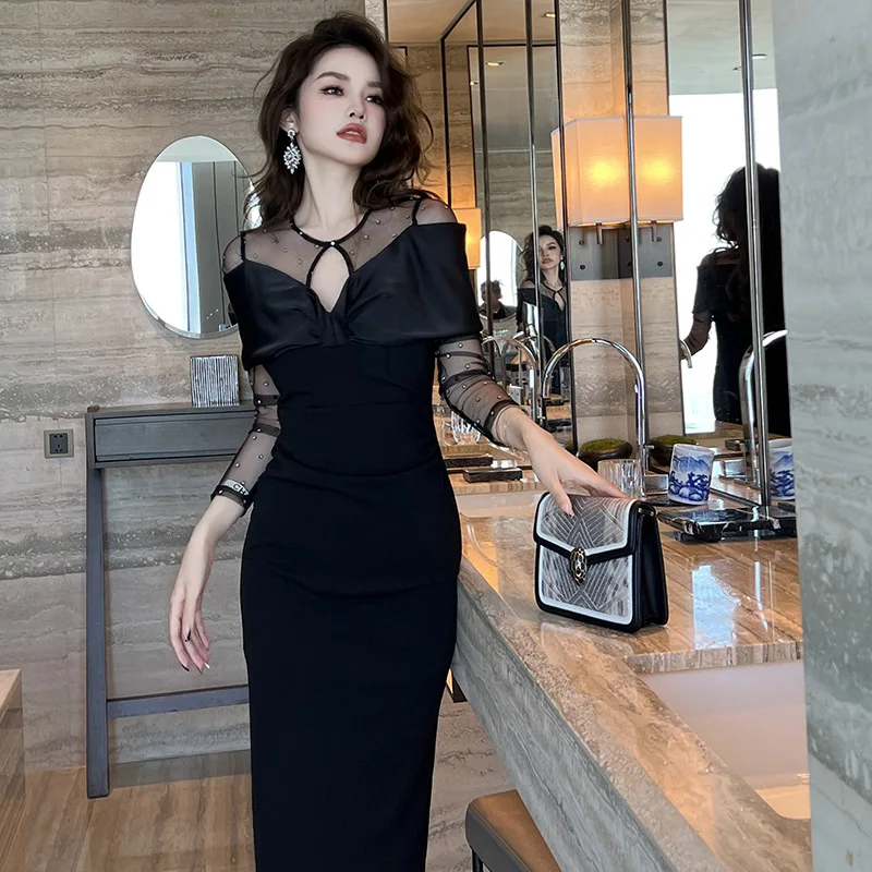 

Coigarsam Long Dress Women New Office Lady French Style Solid Zipper O-Neck Black Dresses