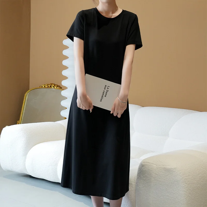 French Senior Casual Black Dress Female 2023 Summer New Loose Temperament Slim Simple Generous Long T-shirt Skirt Solid Color X4