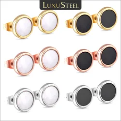 LUXUSTEEL 1 Pairs 8MM Round White Black Shell Stud Earrings For Women Men Rose Gold Silver Color Stainless Steel Ear Jewelry