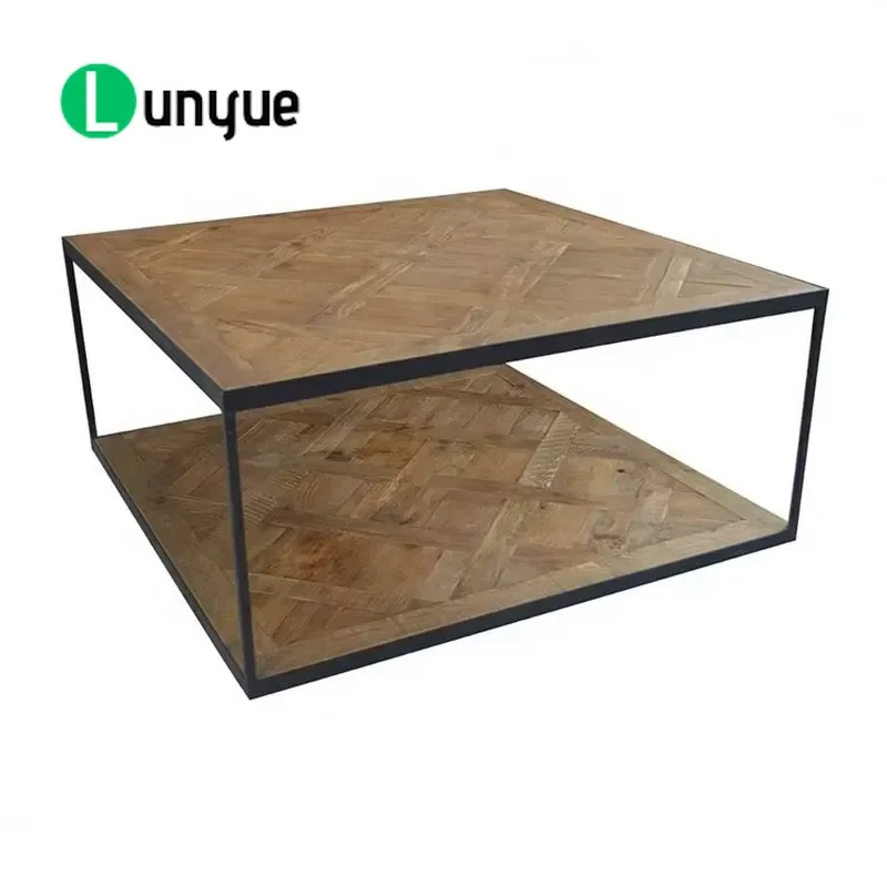 Industrial Style Square Coffee Table Recycled Solid Wood Top Iron Frame Large Parquet Design With Storage Rack For Living