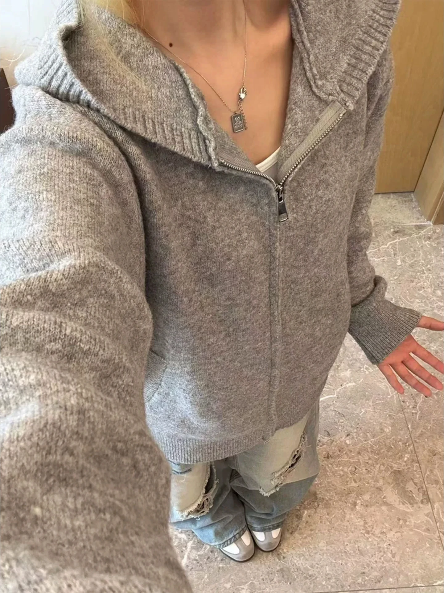 

Легкий вязаный кардиган с двойной молнией и капюшоном, осенний, в корейском стиле, для ленивого образа, Cleanfit, трикотаж