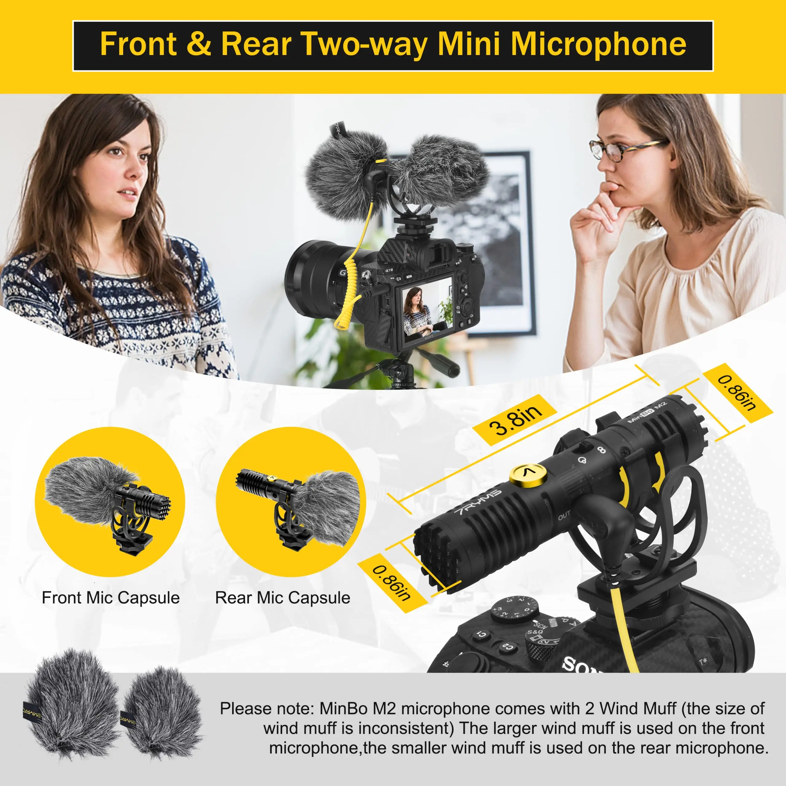 Microfone cardióide duplo 7RYMS MinBo M2 com montagem antichoque Rycote Lyre, gravação mono/estéreo, microfone plug and play para vlog YouTube ao vivo DSLR câmera de bolso, smartphones e laptops