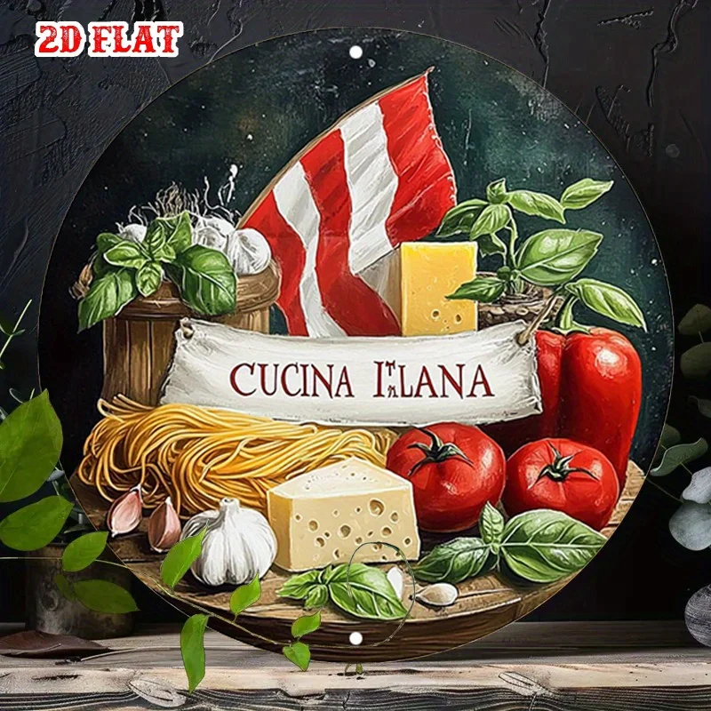 Letrero artístico de pared de aluminio redondo con temática de cocina italiana, 19,99x19,99 cm, letrero de estaño de Metal rústico con tomate, albahaca, queso y pasado, 1 ud.