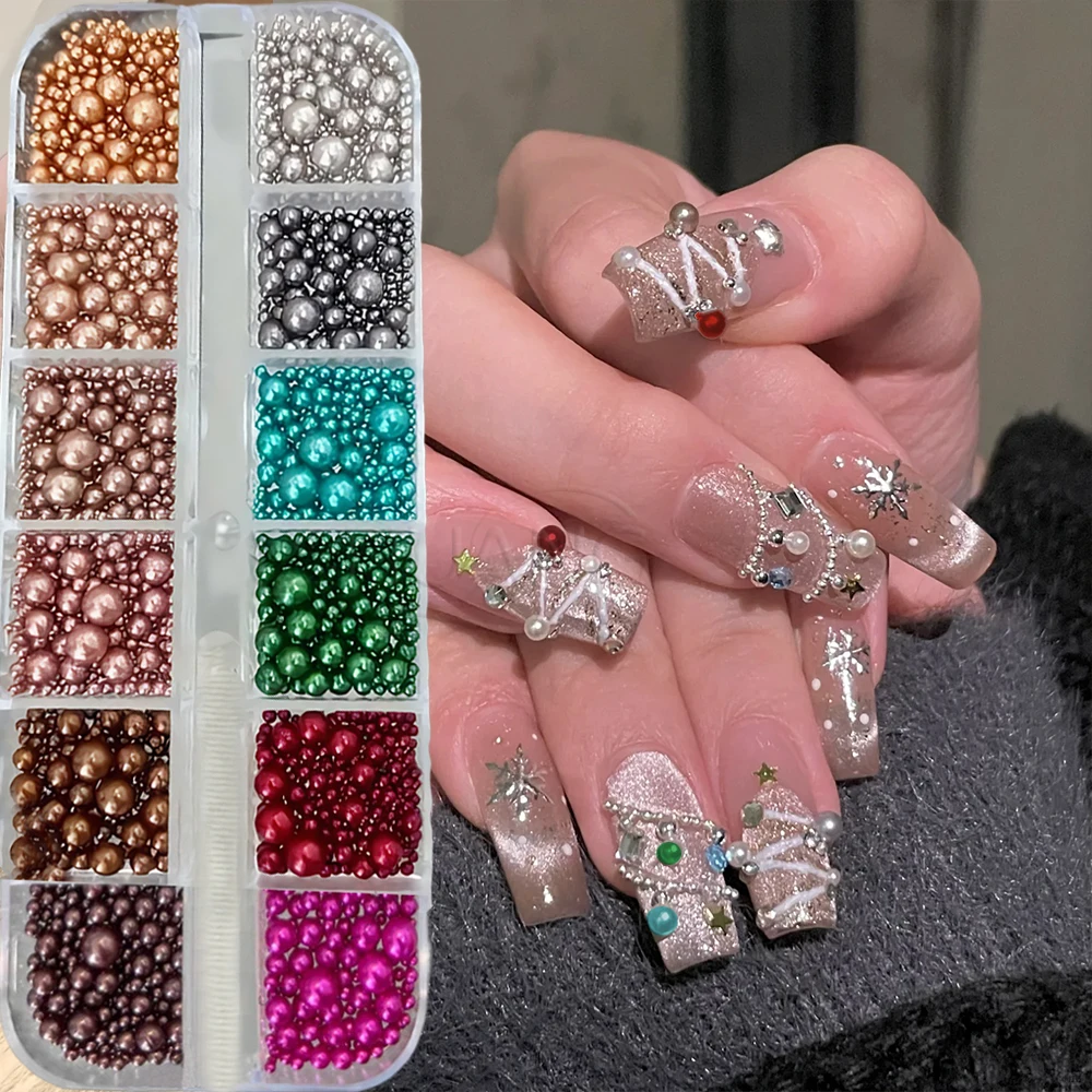 

12Grids Christmas Colorful Pearls 3D Nail Charms Resin Mixed Round Beads Nails Rhinestones Y2k Xmas Pearl Manicure Decoration#&^