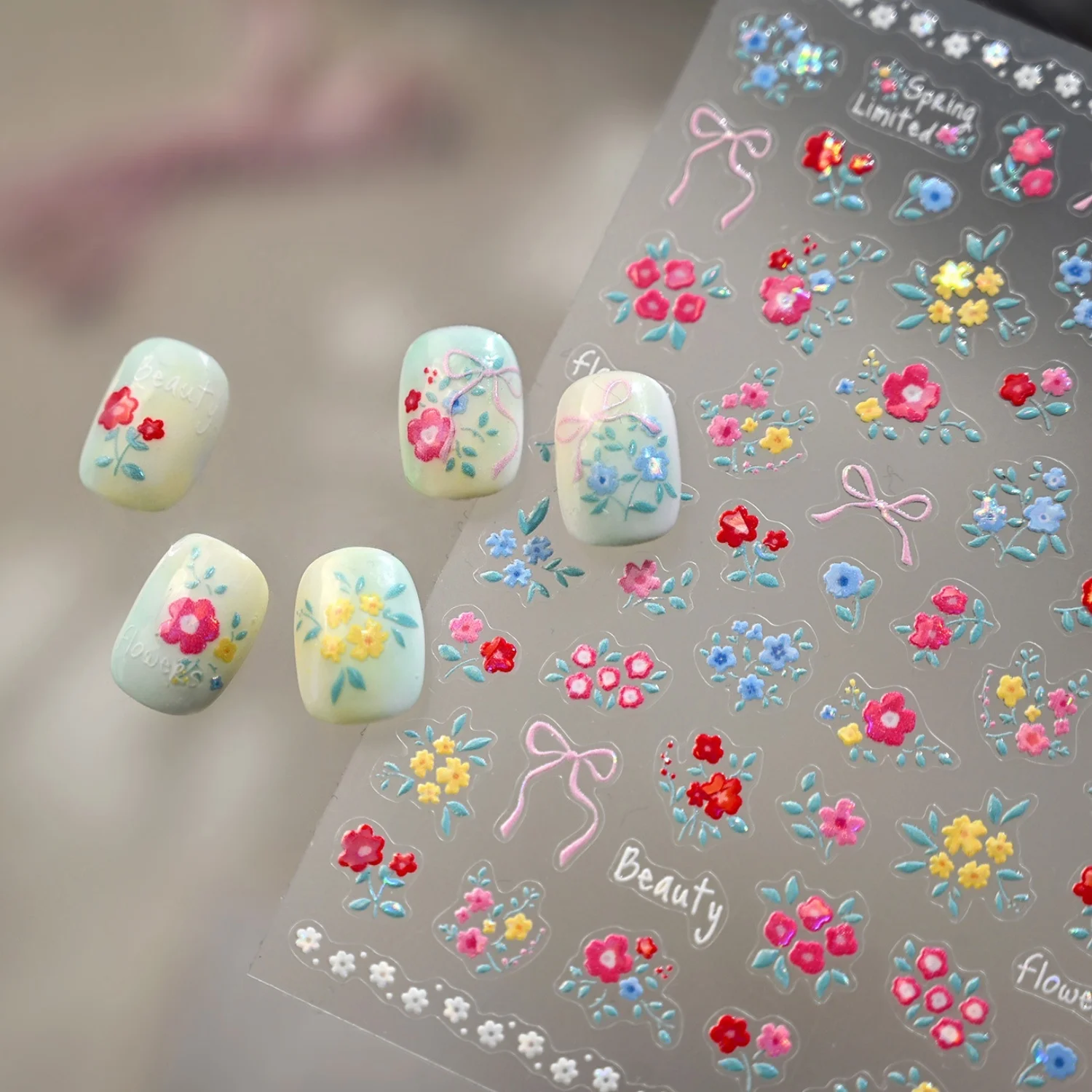 5D Frische Garten-Frühlingsblumen Blütencluster Rosa Schleifenblumen Schönheit Frühling Limitierte Mini-Strass Nagelkunst-Aufkleber