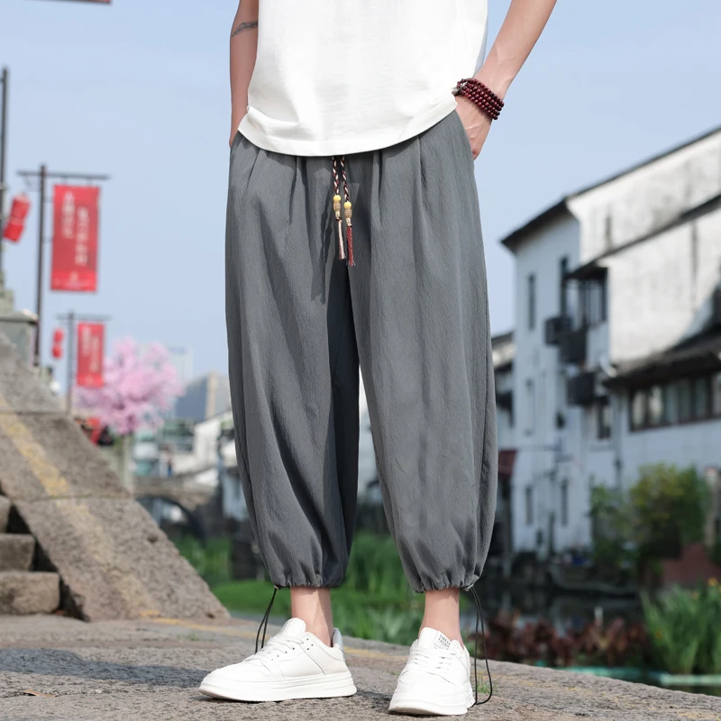 

M-5XL Plus Size Men's Pants Drawstring Elastic Waist Beach Pants Casual Lightweight Hippie Wide Leg Trousers for Male XXXXXL