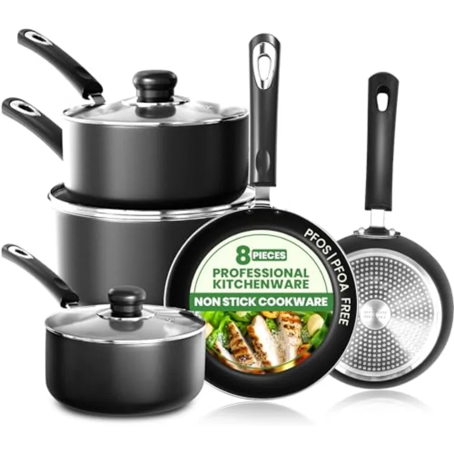 

8 Piece Pots and Pans Set Non Stick Kitchen Cookware Set with 20cm and 28cm Frying Pans and 16cm 18cm 20cm Saucepans with Lids