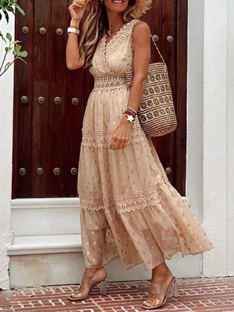 Boho Lace Dress Women White Beach Long Dress Summer Casual Patchwork Maxi Dress Sleeveless V Neck Sundress Elegant Party Dress